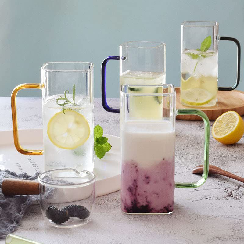 Glass Coffee Mugs with Colored Handle Set of 4, Clear 350ml Drinking Glasses Iced Tea Cups for Coffee, Milk, Tea, Juice, Beer or Hot Beverages Transparent