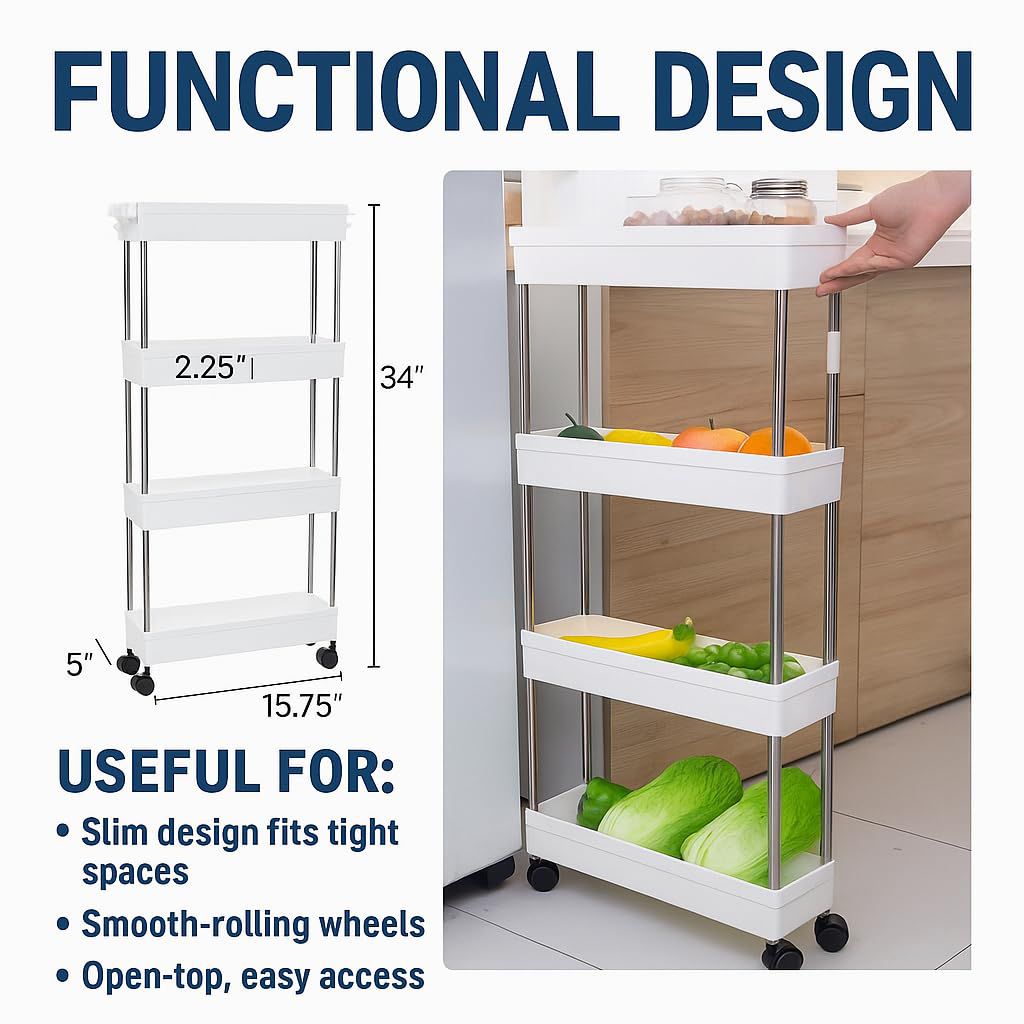 4-Tier Rolling Storage Cart with Bins – Slim Organizer for Bathroom, Kitchen, Laundry & Pantry – Mobile Utility Shelves with Wheels